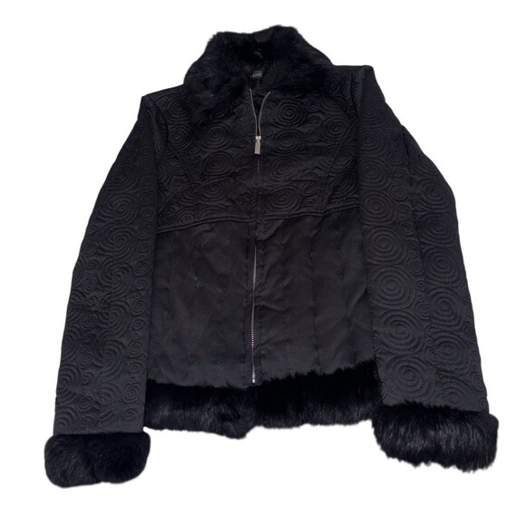 BEBE Coat Genuine Rabbit Fur Trim Down Fill Quilted Jacket Women Small Y2K Black - Picture 1 of 7